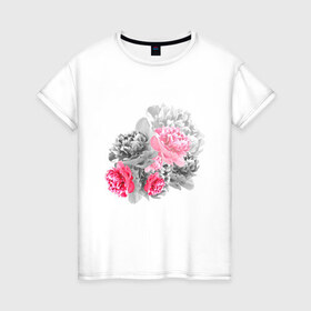 Женская футболка хлопок с принтом Букет в Петрозаводске, 100% хлопок | прямой крой, круглый вырез горловины, длина до линии бедер, слегка спущенное плечо | акварель | девушка | нежность | пионы | цветы