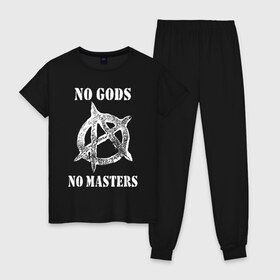 Женская пижама хлопок с принтом NO GODS NO MASTERS в Петрозаводске, 100% хлопок | брюки и футболка прямого кроя, без карманов, на брюках мягкая резинка на поясе и по низу штанин | anarchy | ateist | freedom | no gods | no masters | punk | rock | tegunvteg | анархия | атеизм | граффити | логотип | нет бога | нет хозяина | панк | рок