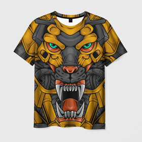 Мужская футболка 3D с принтом Хищный тигр киборг в Петрозаводске, 100% полиэфир | прямой крой, круглый вырез горловины, длина до линии бедер | Тематика изображения на принте: art | cyber | head | lion | mechanical | tiger | арт | кибер | лев | механический | монстр | робот | тигр