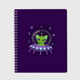 Тетрадь с принтом Инопланетный кот НЛО в Петрозаводске, 100% бумага | 48 листов, плотность листов — 60 г/м2, плотность картонной обложки — 250 г/м2. Листы скреплены сбоку удобной пружинной спиралью. Уголки страниц и обложки скругленные. Цвет линий — светло-серый
 | Тематика изображения на принте: neon | space | вселенная | звезды | зеленые человечки | инопланетяне | космос | кот | неон | нло | огни | тарелка