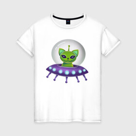Женская футболка хлопок с принтом Инопланетный кот в Петрозаводске, 100% хлопок | прямой крой, круглый вырез горловины, длина до линии бедер, слегка спущенное плечо | neon | space | вселенная | звезды | зеленые человечки | инопланетяне | космос | кот | неон | нло | огни | тарелка