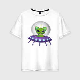 Женская футболка хлопок Oversize с принтом Инопланетный кот в Петрозаводске, 100% хлопок | свободный крой, круглый ворот, спущенный рукав, длина до линии бедер
 | neon | space | вселенная | звезды | зеленые человечки | инопланетяне | космос | кот | неон | нло | огни | тарелка