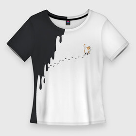 Женская футболка 3D Slim с принтом Кот оставляет следы в Петрозаводске,  |  | cat | залил | испачкал | кот | котик | краска | лапки | наследил | приколы | следы