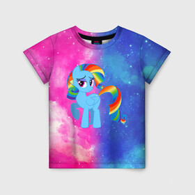 Детская футболка 3D с принтом Радуга Дэш в Петрозаводске, 100% гипоаллергенный полиэфир | прямой крой, круглый вырез горловины, длина до линии бедер, чуть спущенное плечо, ткань немного тянется | Тематика изображения на принте: baby | girl | horse | kawaii | luna | my little pony | princess | rainbow | rainbow dash | девочкам | девочки | детям | единорог | животные | кавайный | конь | лошадь | луна | малыш | облака | пегас | пинки пай | пони | радуга дэш