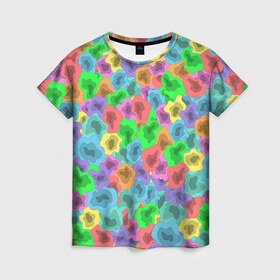 Женская футболка 3D с принтом NEON ABSTRACTION в Петрозаводске, 100% полиэфир ( синтетическое хлопкоподобное полотно) | прямой крой, круглый вырез горловины, длина до линии бедер | 2021 | acid | multicolor | абстракция | кислотный | летний | модный | неоновый | разноцветный | тренд | яркий