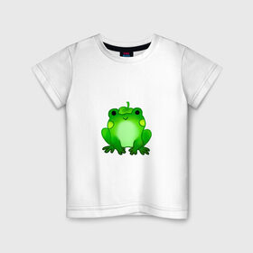 Детская футболка хлопок с принтом Жаба с листиком в Петрозаводске, 100% хлопок | круглый вырез горловины, полуприлегающий силуэт, длина до линии бедер | Тематика изображения на принте: жаба | зеленая | лягуха | лягушка | милая | с листочком