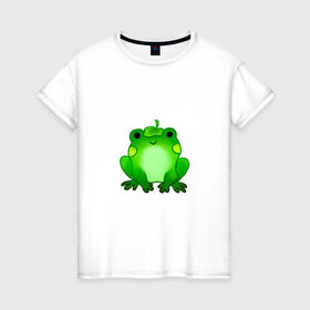 Женская футболка хлопок с принтом Жаба с листиком в Петрозаводске, 100% хлопок | прямой крой, круглый вырез горловины, длина до линии бедер, слегка спущенное плечо | Тематика изображения на принте: жаба | зеленая | лягуха | лягушка | милая | с листочком