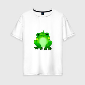 Женская футболка хлопок Oversize с принтом Жаба с листиком в Петрозаводске, 100% хлопок | свободный крой, круглый ворот, спущенный рукав, длина до линии бедер
 | жаба | зеленая | лягуха | лягушка | милая | с листочком