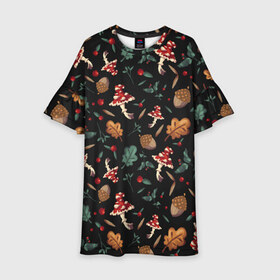 Детское платье 3D с принтом Лесной принт с мухоморами в Петрозаводске, 100% полиэстер | прямой силуэт, чуть расширенный к низу. Круглая горловина, на рукавах — воланы | Тематика изображения на принте: грибы | желуди | лесной | листья | мухоморы | узор | черный