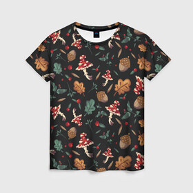 Женская футболка 3D с принтом Лесной принт с мухоморами в Петрозаводске, 100% полиэфир ( синтетическое хлопкоподобное полотно) | прямой крой, круглый вырез горловины, длина до линии бедер | грибы | желуди | лесной | листья | мухоморы | узор | черный