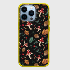 Чехол для iPhone 13 Pro с принтом Лесной принт с мухоморами в Петрозаводске,  |  | грибы | желуди | лесной | листья | мухоморы | узор | черный
