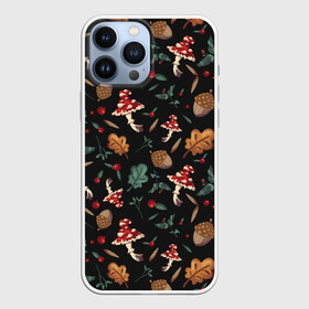 Чехол для iPhone 13 Pro Max с принтом Лесной принт с мухоморами в Петрозаводске,  |  | грибы | желуди | лесной | листья | мухоморы | узор | черный