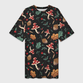 Платье-футболка 3D с принтом Лесной принт с мухоморами в Петрозаводске,  |  | грибы | желуди | лесной | листья | мухоморы | узор | черный