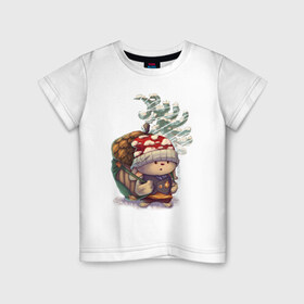 Детская футболка хлопок с принтом Милый зимний лесной зверек в Петрозаводске, 100% хлопок | круглый вырез горловины, полуприлегающий силуэт, длина до линии бедер | зима | лес | мультик | новый год | персонаж | рождество | теплый | шапка