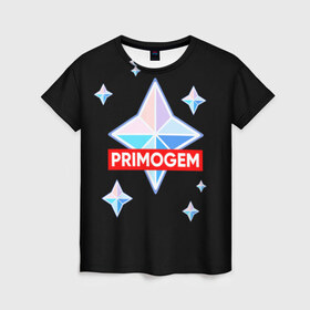 Женская футболка 3D с принтом PRIMOGEM в Петрозаводске, 100% полиэфир ( синтетическое хлопкоподобное полотно) | прямой крой, круглый вырез горловины, длина до линии бедер | genshin | genshin impact | legendary | primogem | roll | геншин | геншин импакт | молитва | примогем | хочу верить
