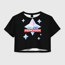Женская футболка Crop-top 3D с принтом PRIMOGEM в Петрозаводске, 100% полиэстер | круглая горловина, длина футболки до линии талии, рукава с отворотами | genshin | genshin impact | legendary | primogem | roll | геншин | геншин импакт | молитва | примогем | хочу верить