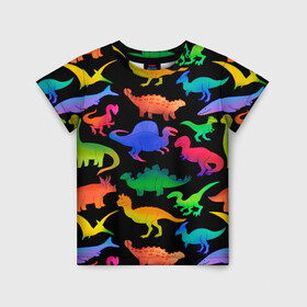 Детская футболка 3D с принтом Яркие динозавры в Петрозаводске, 100% гипоаллергенный полиэфир | прямой крой, круглый вырез горловины, длина до линии бедер, чуть спущенное плечо, ткань немного тянется | дино | динозавры | диносы | разноцветные | хищные | цветные | юрский период