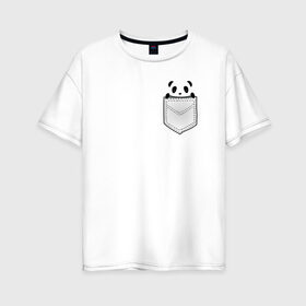 Женская футболка хлопок Oversize с принтом Панда В Кармане в Петрозаводске, 100% хлопок | свободный крой, круглый ворот, спущенный рукав, длина до линии бедер
 | animals | beats | head | panda | pocket | в кармане | голова | животные | звери | лапки | любовь | панда