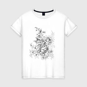 Женская футболка хлопок с принтом Графика тату в Петрозаводске, 100% хлопок | прямой крой, круглый вырез горловины, длина до линии бедер, слегка спущенное плечо | монохром | пион | розы | татуировка | цветы