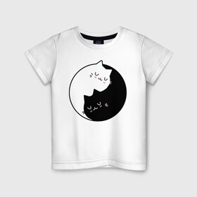 Детская футболка хлопок с принтом Yin and Yang cats в Петрозаводске, 100% хлопок | круглый вырез горловины, полуприлегающий силуэт, длина до линии бедер | anime | cat | cats | kitten | love | philosophy | yang | yin | yoga | аниме | инь | йога | кот | котенок | котик | котики | коты | любовь | противоположность | сердце | философия | ян