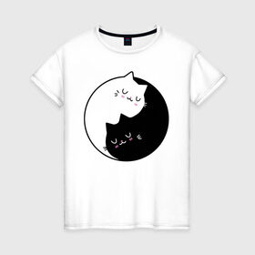 Женская футболка хлопок с принтом Yin and Yang cats в Петрозаводске, 100% хлопок | прямой крой, круглый вырез горловины, длина до линии бедер, слегка спущенное плечо | anime | cat | cats | kitten | love | philosophy | yang | yin | yoga | аниме | инь | йога | кот | котенок | котик | котики | коты | любовь | противоположность | сердце | философия | ян