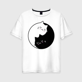 Женская футболка хлопок Oversize с принтом Yin and Yang cats в Петрозаводске, 100% хлопок | свободный крой, круглый ворот, спущенный рукав, длина до линии бедер
 | anime | cat | cats | kitten | love | philosophy | yang | yin | yoga | аниме | инь | йога | кот | котенок | котик | котики | коты | любовь | противоположность | сердце | философия | ян