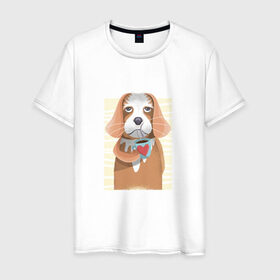 Мужская футболка хлопок с принтом Собака с кофе в Петрозаводске, 100% хлопок | прямой крой, круглый вырез горловины, длина до линии бедер, слегка спущенное плечо. | animal | coffee | dog | pet | животные | кофе | любовь | напиток | пёс | сердце | собака