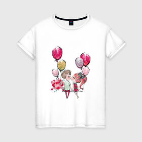 Женская футболка хлопок с принтом Парочка в Петрозаводске, 100% хлопок | прямой крой, круглый вырез горловины, длина до линии бедер, слегка спущенное плечо | букет цветов | валентин | первый поцелуй | свидание | шары