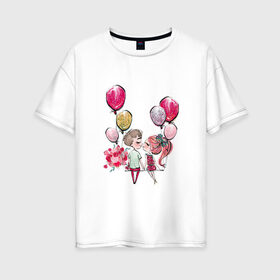 Женская футболка хлопок Oversize с принтом Парочка в Петрозаводске, 100% хлопок | свободный крой, круглый ворот, спущенный рукав, длина до линии бедер
 | букет цветов | валентин | первый поцелуй | свидание | шары