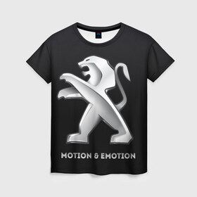 Женская футболка 3D с принтом Motion & Emotion в Петрозаводске, 100% полиэфир ( синтетическое хлопкоподобное полотно) | прямой крой, круглый вырез горловины, длина до линии бедер | Тематика изображения на принте: auto | emotion | motion | peugeot | sport | авто | лого | логотип | пежо | пижо | спорт