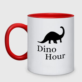 Кружка двухцветная с принтом DinoHour в Петрозаводске, керамика | объем — 330 мл, диаметр — 80 мм. Цветная ручка и кайма сверху, в некоторых цветах — вся внутренняя часть | dino | dinohour | dinosaur | дино | динозавр
