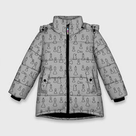 Зимняя куртка для девочек 3D с принтом шахматы в Петрозаводске, ткань верха — 100% полиэстер; подклад — 100% полиэстер, утеплитель — 100% полиэстер. | длина ниже бедра, удлиненная спинка, воротник стойка и отстегивающийся капюшон. Есть боковые карманы с листочкой на кнопках, утяжки по низу изделия и внутренний карман на молнии. 

Предусмотрены светоотражающий принт на спинке, радужный светоотражающий элемент на пуллере молнии и на резинке для утяжки. | Тематика изображения на принте: bishop | chess pieces | game | king | knight | pattern | pawn | queen | rook | sport | texture | король | ладья | паттерн | пешка | текстура | ферзь | шахматные фигуры