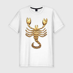 Мужская футболка хлопок Slim с принтом Скорпион в Петрозаводске, 92% хлопок, 8% лайкра | приталенный силуэт, круглый вырез ворота, длина до линии бедра, короткий рукав | scorpio | zodiac signs | знаки зодиака | золотой рисунок | скорпион
