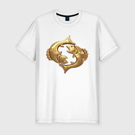 Мужская футболка хлопок Slim с принтом Рыбы в Петрозаводске, 92% хлопок, 8% лайкра | приталенный силуэт, круглый вырез ворота, длина до линии бедра, короткий рукав | fish | zodiac signs | знаки зодиака | золотой рисунок | рыбы