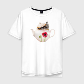 Мужская футболка хлопок Oversize с принтом Шкодливый коть в Петрозаводске, 100% хлопок | свободный крой, круглый ворот, “спинка” длиннее передней части | кот | мурчало | подосатый | чайник | шкода