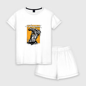 Женская пижама с шортиками хлопок с принтом Cyberpunk 2077 в Петрозаводске, 100% хлопок | футболка прямого кроя, шорты свободные с широкой мягкой резинкой | cyberpunk 2077 | игра | киберпанк 2077 | мотоцикл | оружие | персонаж