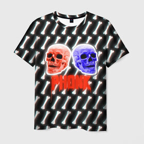 Мужская футболка 3D с принтом Phonk (ФОНК) Черепа в Петрозаводске, 100% полиэфир | прямой крой, круглый вырез горловины, длина до линии бедер | phonk | кости | фонк | фонк рэп | черепа