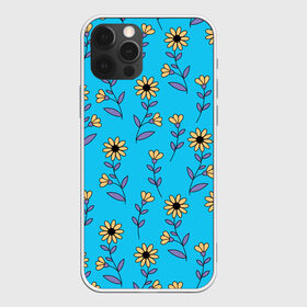 Чехол для iPhone 12 Pro Max с принтом Желтые цветы на голубом фоне в Петрозаводске, Силикон |  | 8 марта | flowers | summer | ботаническая иллюстрация | весна | желтый | лето | любовь | подсолнухи | праздник | принт | природа | растения | фиолетовый | цветы