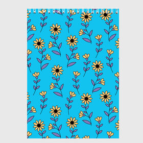 Скетчбук с принтом Желтые цветы на голубом фоне в Петрозаводске, 100% бумага
 | 48 листов, плотность листов — 100 г/м2, плотность картонной обложки — 250 г/м2. Листы скреплены сверху удобной пружинной спиралью | Тематика изображения на принте: 8 марта | flowers | summer | ботаническая иллюстрация | весна | желтый | лето | любовь | подсолнухи | праздник | принт | природа | растения | фиолетовый | цветы