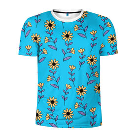 Мужская футболка 3D спортивная с принтом Желтые цветы на голубом фоне в Петрозаводске, 100% полиэстер с улучшенными характеристиками | приталенный силуэт, круглая горловина, широкие плечи, сужается к линии бедра | 8 марта | flowers | summer | ботаническая иллюстрация | весна | желтый | лето | любовь | подсолнухи | праздник | принт | природа | растения | фиолетовый | цветы