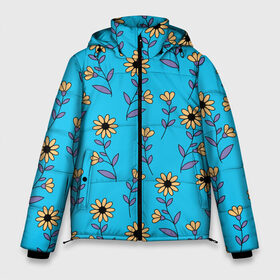 Мужская зимняя куртка 3D с принтом Желтые цветы на голубом фоне в Петрозаводске, верх — 100% полиэстер; подкладка — 100% полиэстер; утеплитель — 100% полиэстер | длина ниже бедра, свободный силуэт Оверсайз. Есть воротник-стойка, отстегивающийся капюшон и ветрозащитная планка. 

Боковые карманы с листочкой на кнопках и внутренний карман на молнии. | 8 марта | flowers | summer | ботаническая иллюстрация | весна | желтый | лето | любовь | подсолнухи | праздник | принт | природа | растения | фиолетовый | цветы