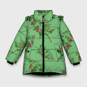 Зимняя куртка для девочек 3D с принтом Фуксии на светло зеленом фоне в Петрозаводске, ткань верха — 100% полиэстер; подклад — 100% полиэстер, утеплитель — 100% полиэстер. | длина ниже бедра, удлиненная спинка, воротник стойка и отстегивающийся капюшон. Есть боковые карманы с листочкой на кнопках, утяжки по низу изделия и внутренний карман на молнии. 

Предусмотрены светоотражающий принт на спинке, радужный светоотражающий элемент на пуллере молнии и на резинке для утяжки. | 8 марта | flowers | summer | ботаническая иллюстрация | весна | зеленый | красный | лето | любовь | праздник | принт | природа | растения | фиолетовый | фуксия | цветы