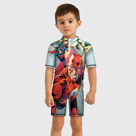 Детский купальный костюм 3D с принтом The Fastest Man Alive в Петрозаводске, Полиэстер 85%, Спандекс 15% | застежка на молнии на спине | barry allen | justice league | superman | the flash | vdzabma | барри аллен | лига справедливости | супермен | флэш