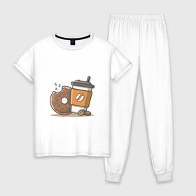 Женская пижама хлопок с принтом Сладкая жизнь в Петрозаводске, 100% хлопок | брюки и футболка прямого кроя, без карманов, на брюках мягкая резинка на поясе и по низу штанин | coffee | вкусняшки | кофе | пончик | сладости