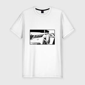 Мужская футболка хлопок Slim с принтом Range Rover Evoque Черно-белый в Петрозаводске, 92% хлопок, 8% лайкра | приталенный силуэт, круглый вырез ворота, длина до линии бедра, короткий рукав | range rover evoque | горы | дорога | иллюстрация | колеса | машина | фары | черно белый