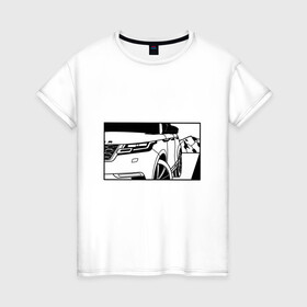 Женская футболка хлопок с принтом Range Rover Evoque Черно-белый в Петрозаводске, 100% хлопок | прямой крой, круглый вырез горловины, длина до линии бедер, слегка спущенное плечо | range rover evoque | горы | дорога | иллюстрация | колеса | машина | фары | черно белый