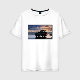 Женская футболка хлопок Oversize с принтом Land Rover Defender на закате в Петрозаводске, 100% хлопок | свободный крой, круглый ворот, спущенный рукав, длина до линии бедер
 | land rover defender | водитель | доска | закат | машина | море | небо | отлив | прилив | сёрфинг | старый дефендер | тень