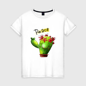 Женская футболка хлопок с принтом Кактус в Петрозаводске, 100% хлопок | прямой крой, круглый вырез горловины, длина до линии бедер, слегка спущенное плечо | вачка | иголки | мир | праздник | растения | семья | хиппи | цветы