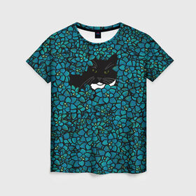 Женская футболка 3D с принтом Чёрная киса в Петрозаводске, 100% полиэфир ( синтетическое хлопкоподобное полотно) | прямой крой, круглый вырез горловины, длина до линии бедер | домашние животные | звери | киса | кисуля | кот | коты | кошка | кошки | синяя | цветочки | цветы | черный кот