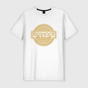 Мужская футболка хлопок Slim с принтом Bioshock Golden Logo в Петрозаводске, 92% хлопок, 8% лайкра | приталенный силуэт, круглый вырез ворота, длина до линии бедра, короткий рукав | Тематика изображения на принте: bioshock infinite | little sister | биошок | большой папочка | винтаж | ретро | сестра